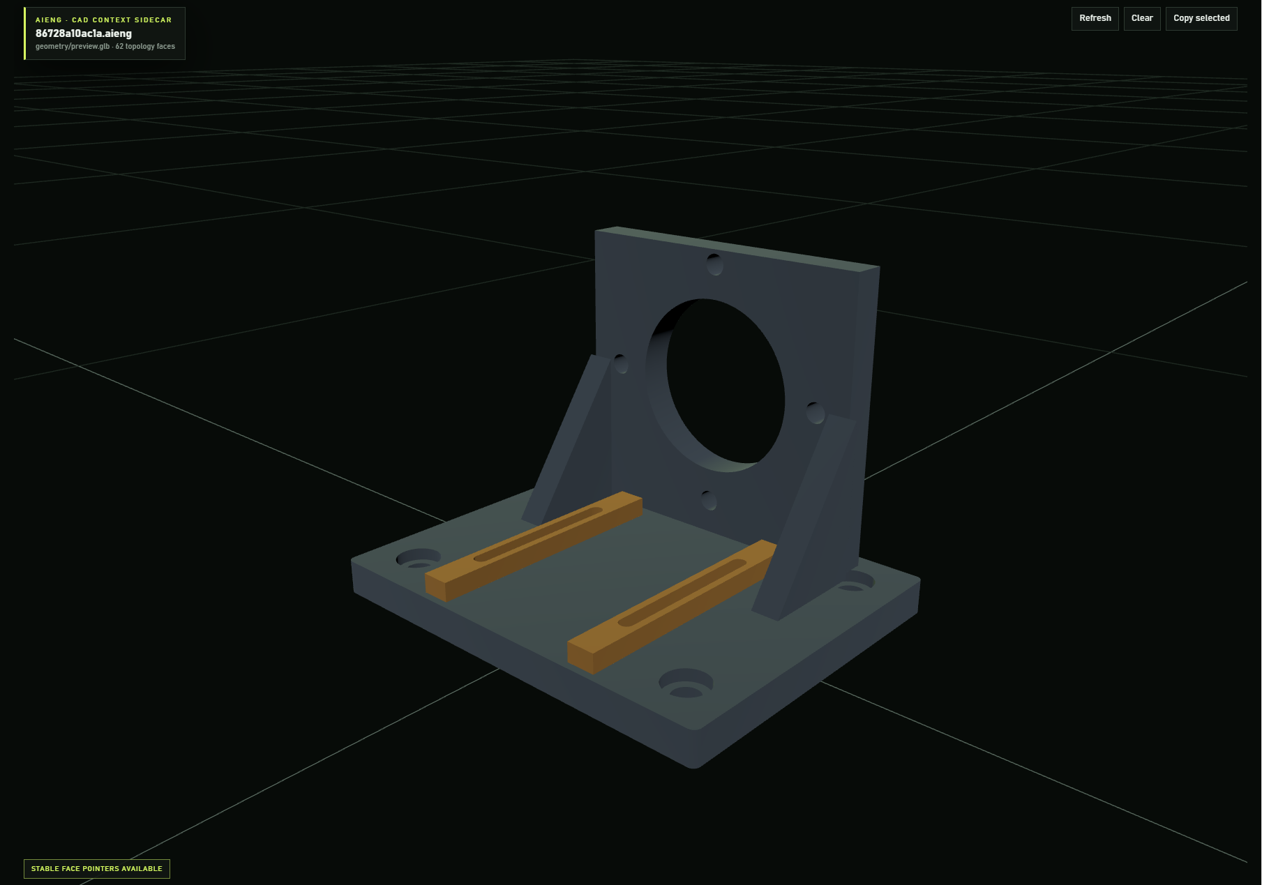 A fully specified industrial motor mounting fixture modeled and inspected with aieng