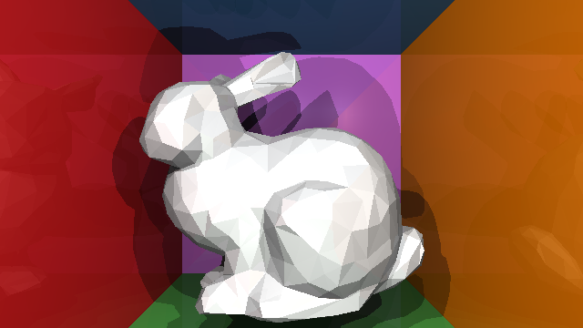 Running ./raytracing ../data/bunny.json should produce this image. Notice the "burned out" white regions where the collected light has been clamped to [1,1,1] (white).