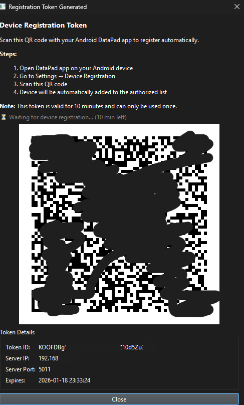 Datapad QR-Code Registration