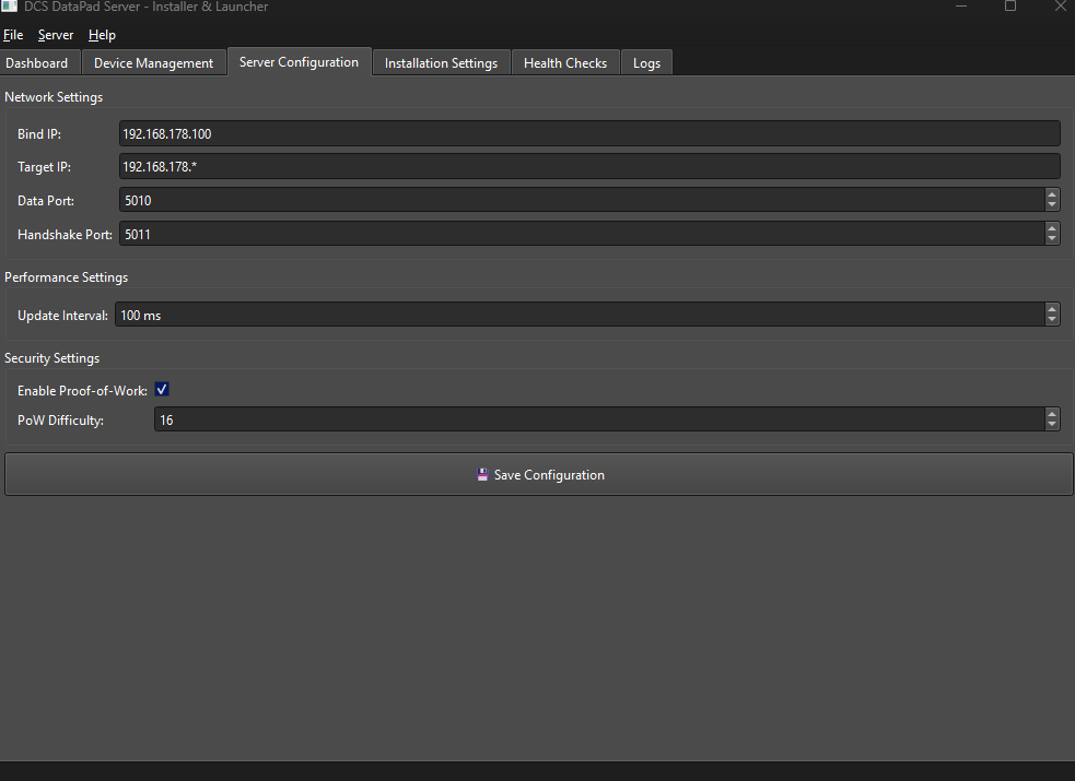 Server settings page