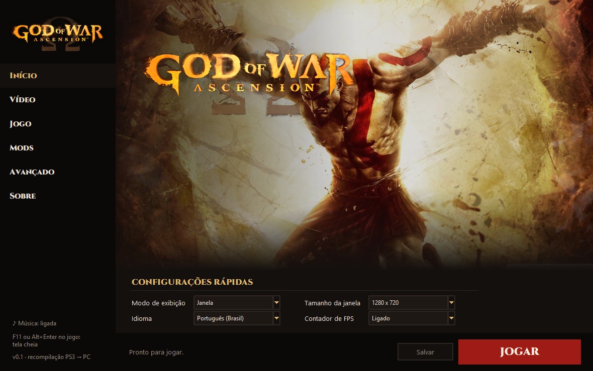 Interface inicial do launcher experimental do port de God of War Ascension para PC