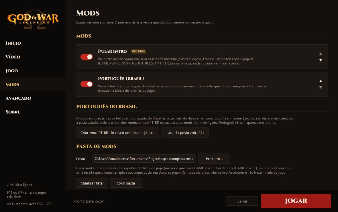 Tela de mods e configurações do launcher de God of War Ascension recompilado para PC