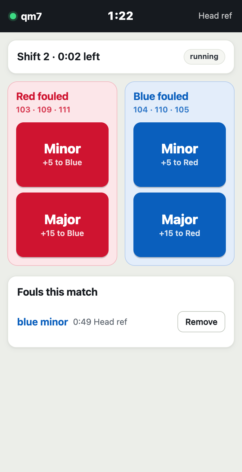 Watchtower referee phone screen with minor and major foul buttons for each alliance
