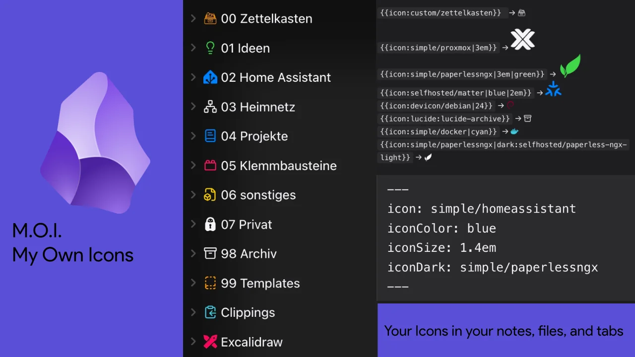 M.O.I. – My Own Icons: colored icons in the file explorer, the {{icon:…}} shortcode and the frontmatter fields