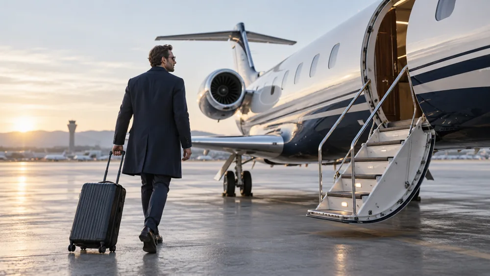 Traveler approaching a private jet