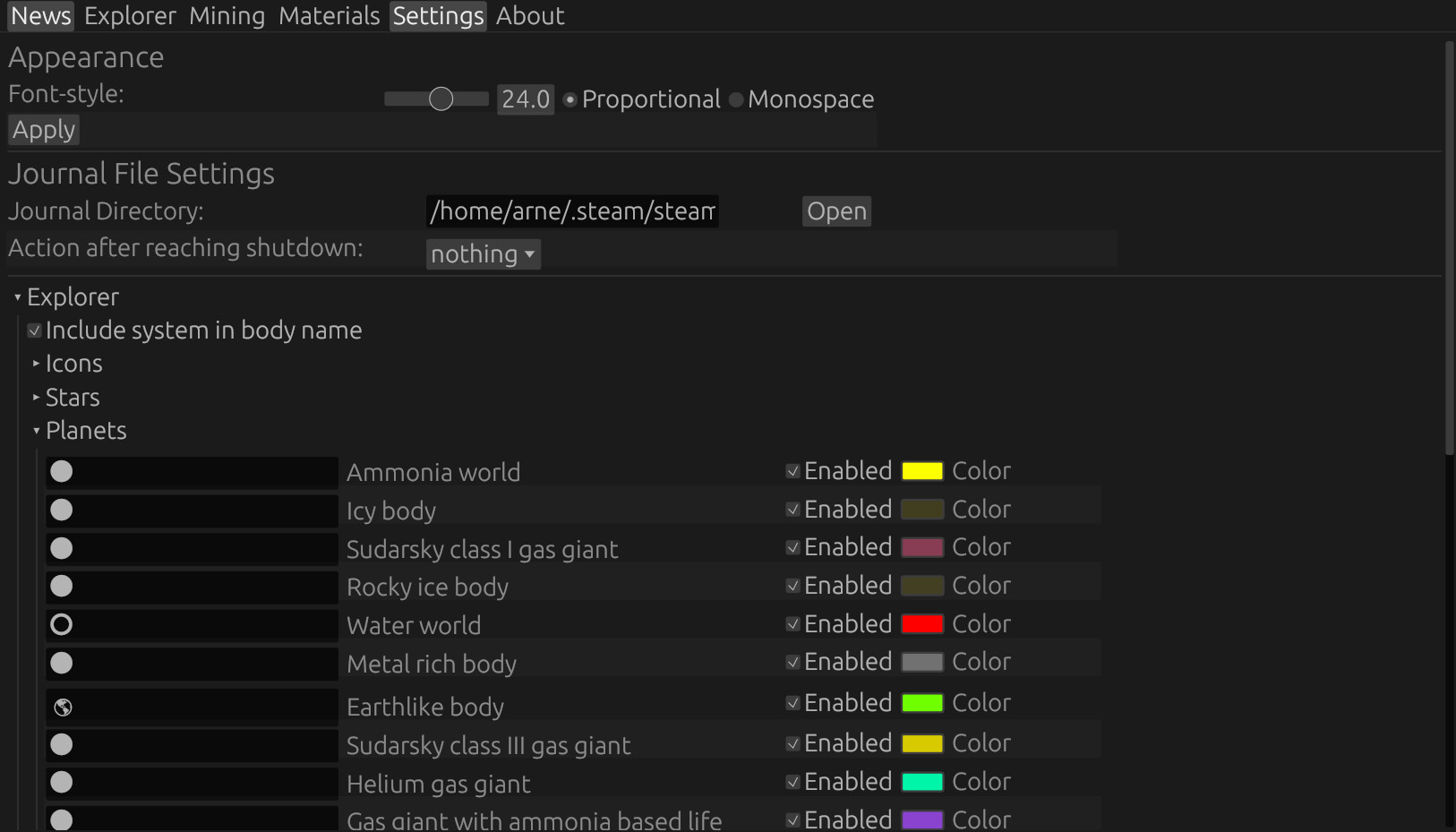 Screenshot of settings panel