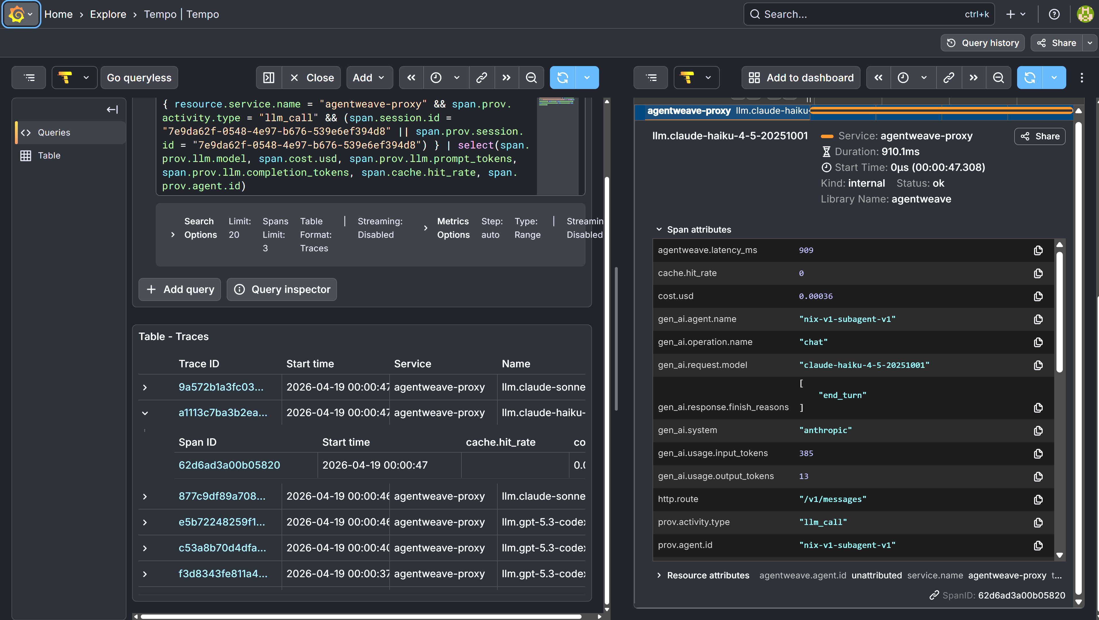 Grafana Tempo trace view for AgentWeave spans