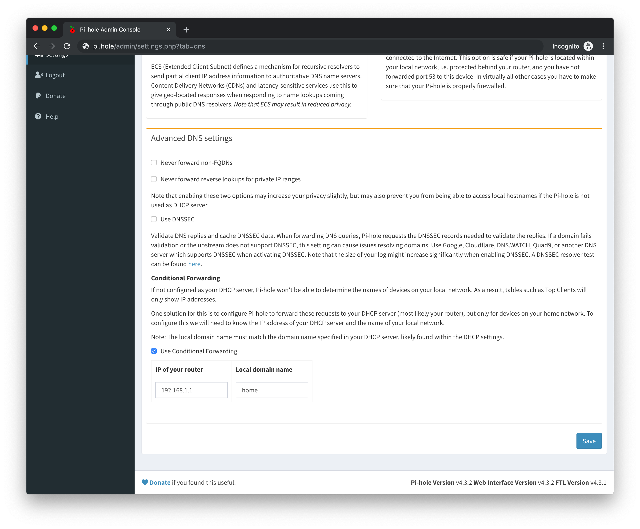 Pi-hole Advanced DNS Settings