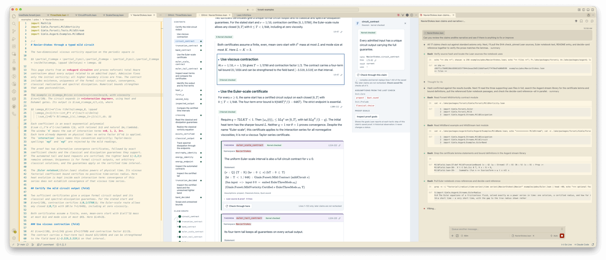 VS Code with a Lean notebook's source on the left, its Glitnir preview in the middle and a coding agent on the right