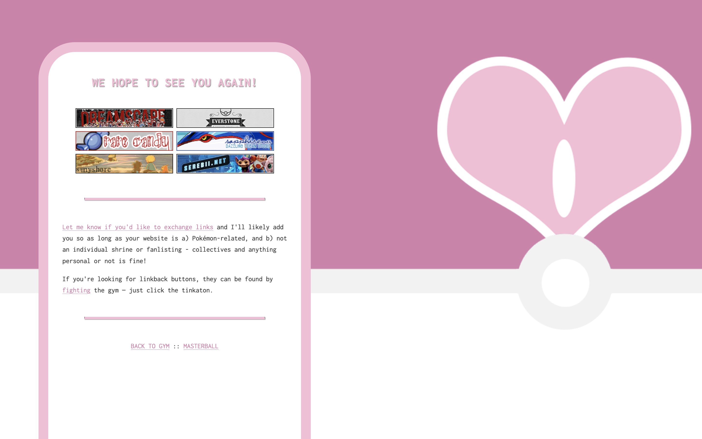 Screenshot of a pink webpage called 'We hope to see you again!' with links to other Pokemon related websites