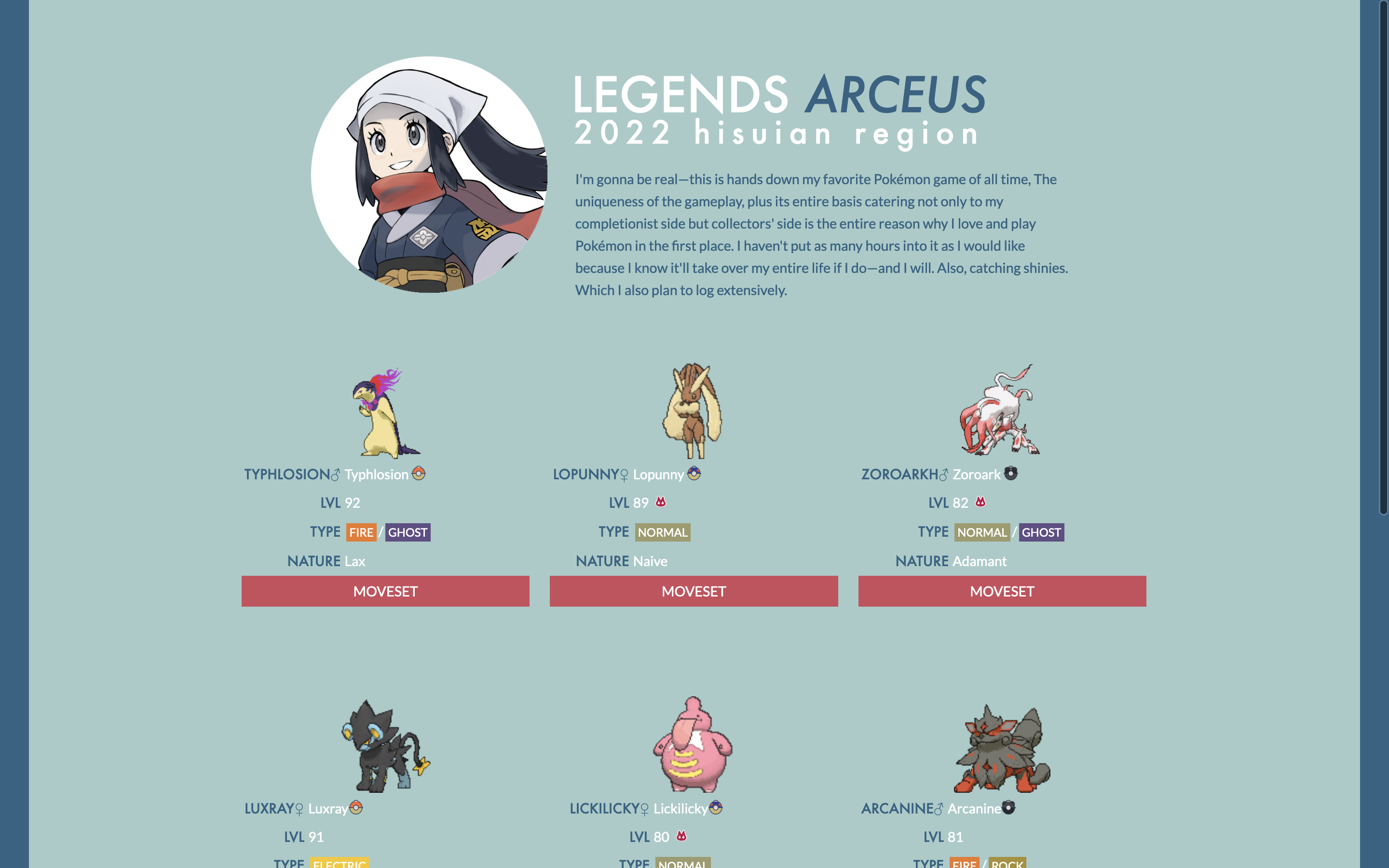 Screenshot of latest design: currently a page for Pokemon Legends Arceus