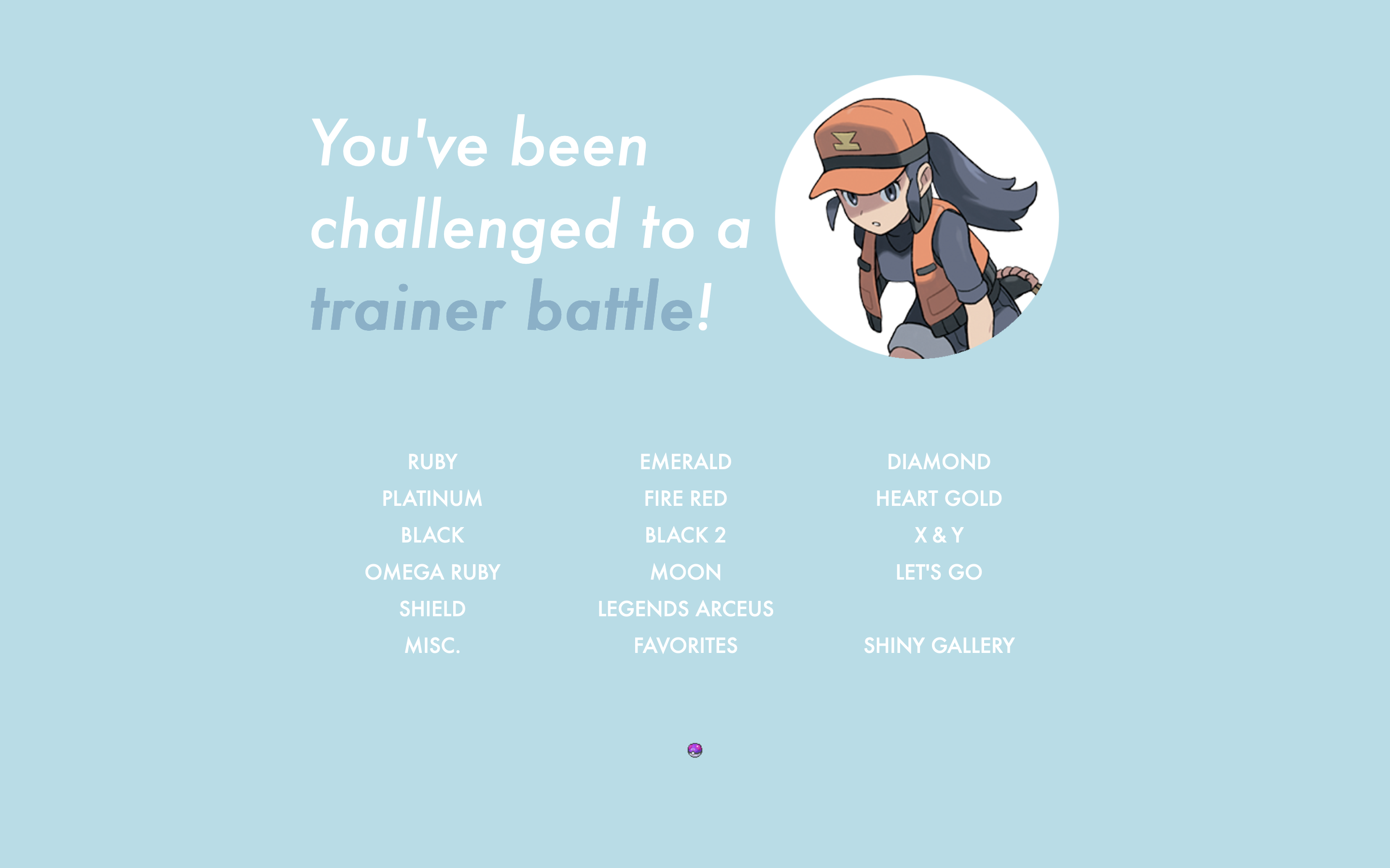 Screenshot of a trainer page with the words 'You've been challenged to a trainer battle!' and Pokemon game names as clickable links