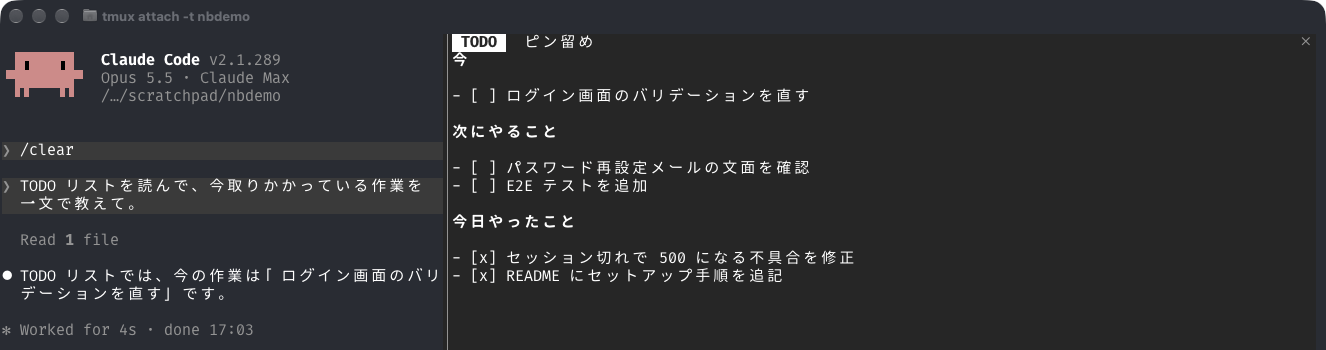 Claude Code conversation on the left, a pane with "TODO" and "Pins" tabs on the right