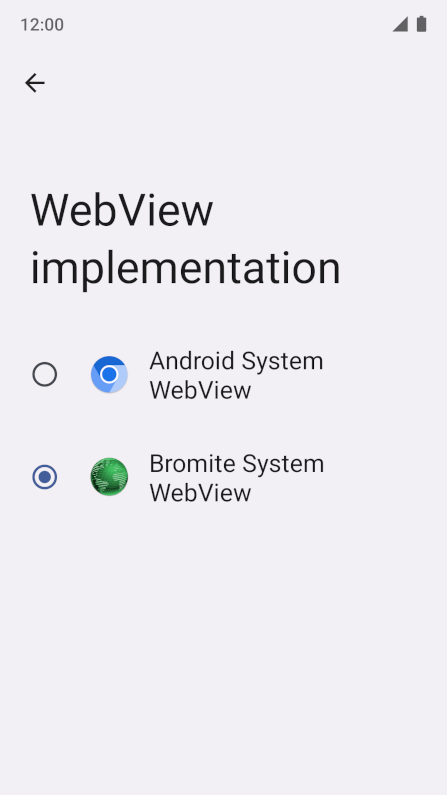 The WebView implementation settings with the Bromite SystemWebView Overlay installed