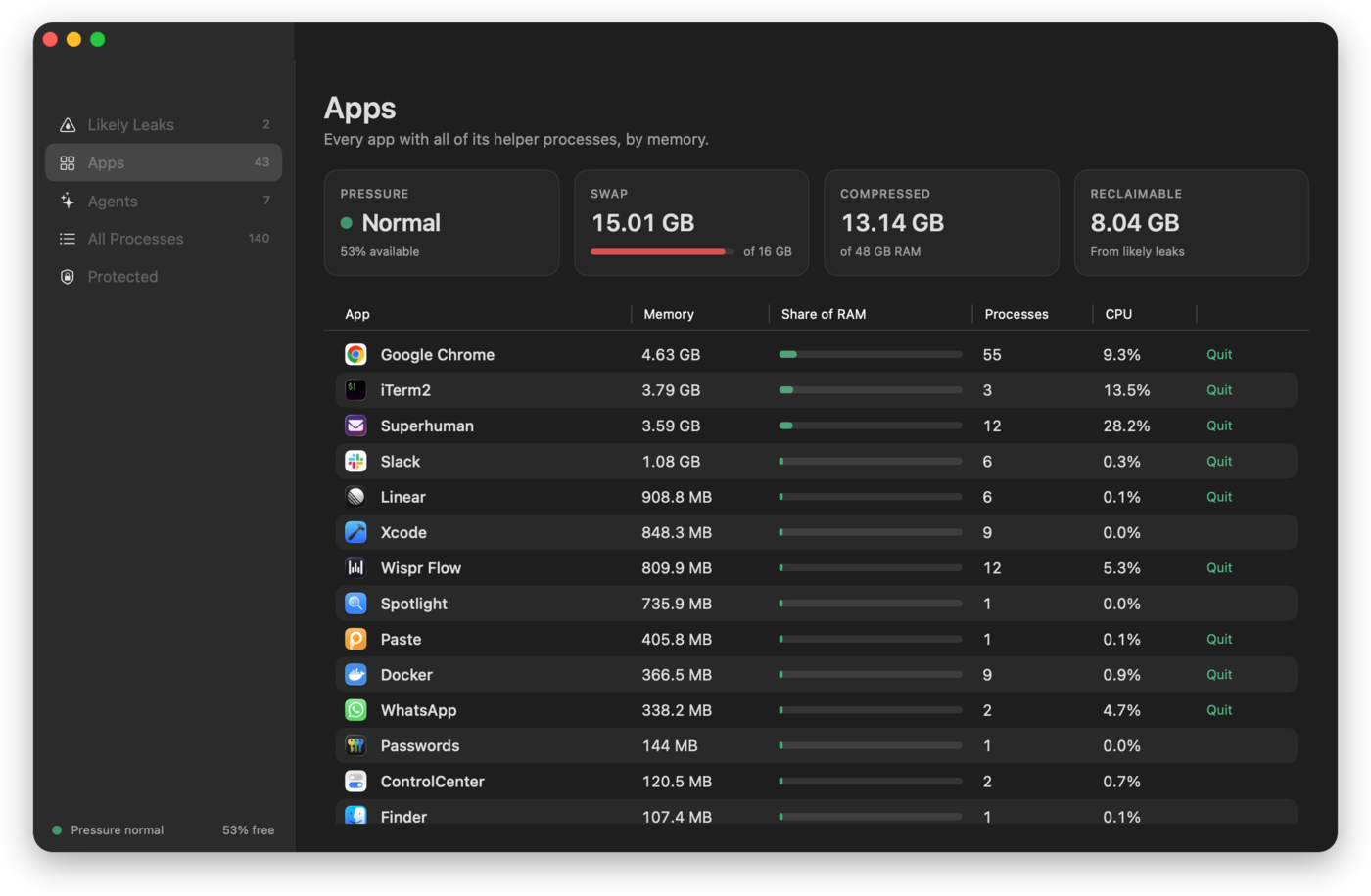 Apps view in dark mode