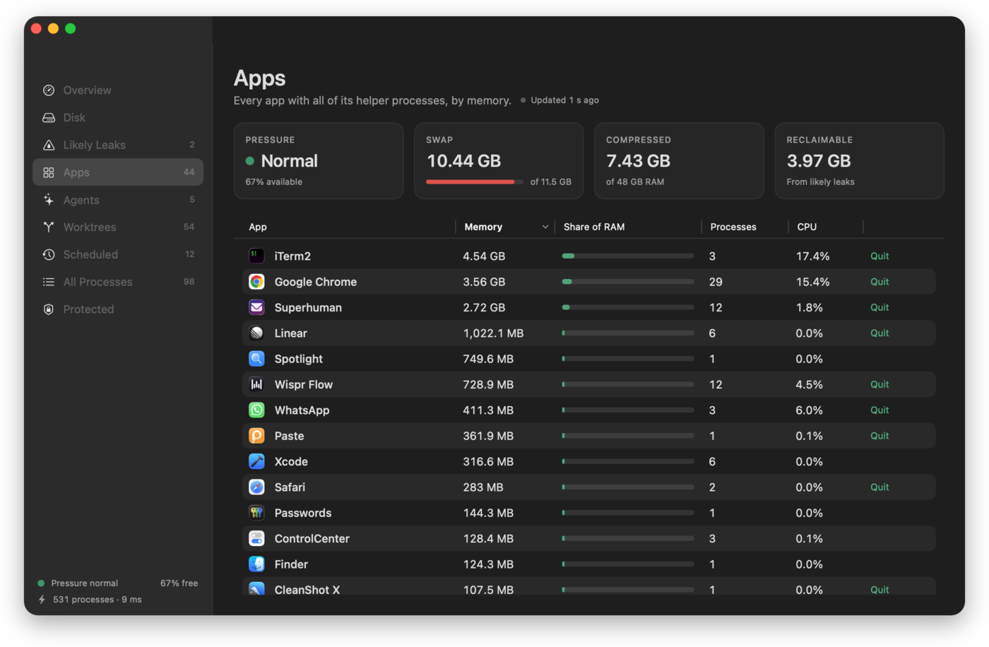 Apps view in dark mode