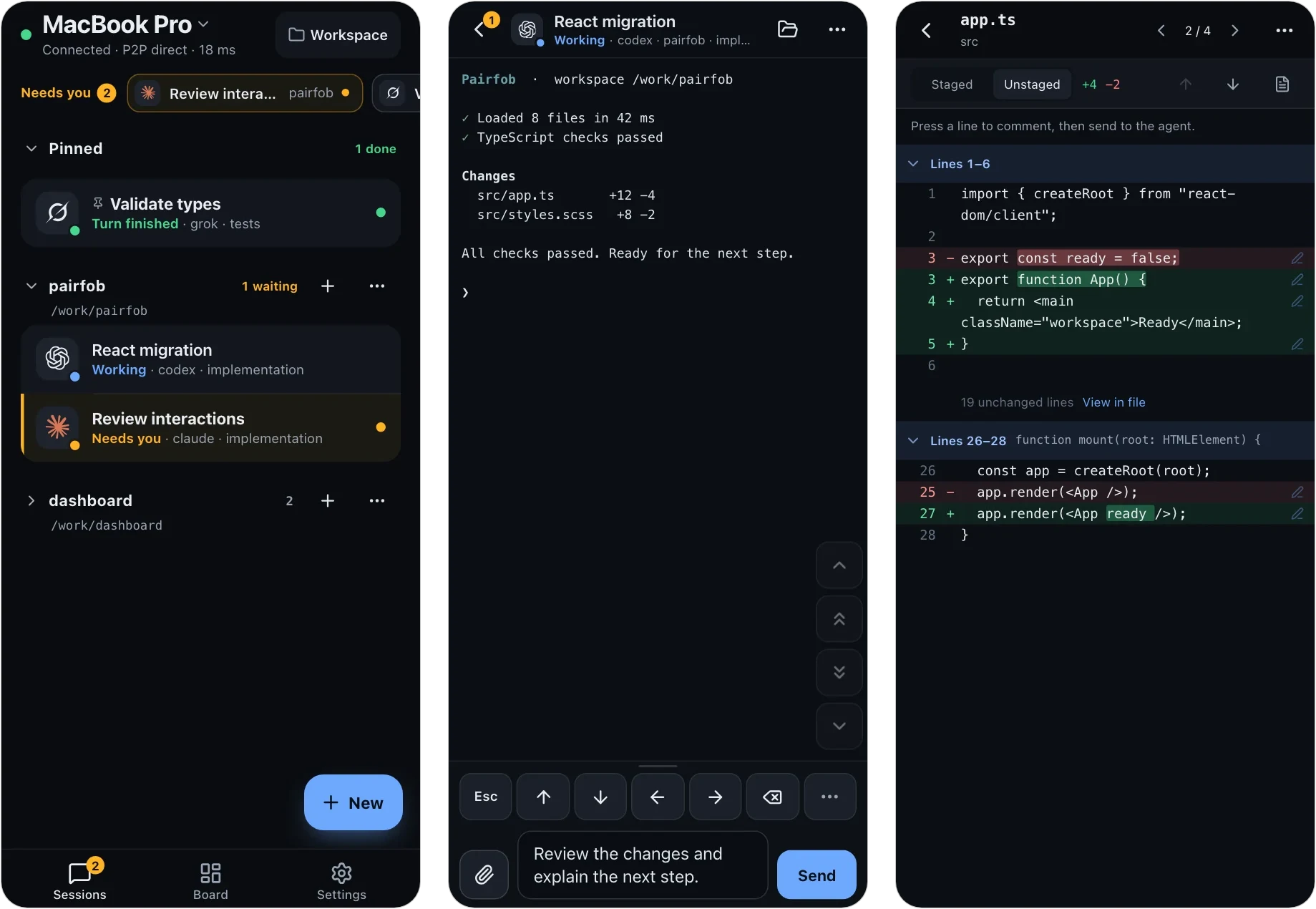 Pairfob on a phone: the session list, a live session, and a diff review