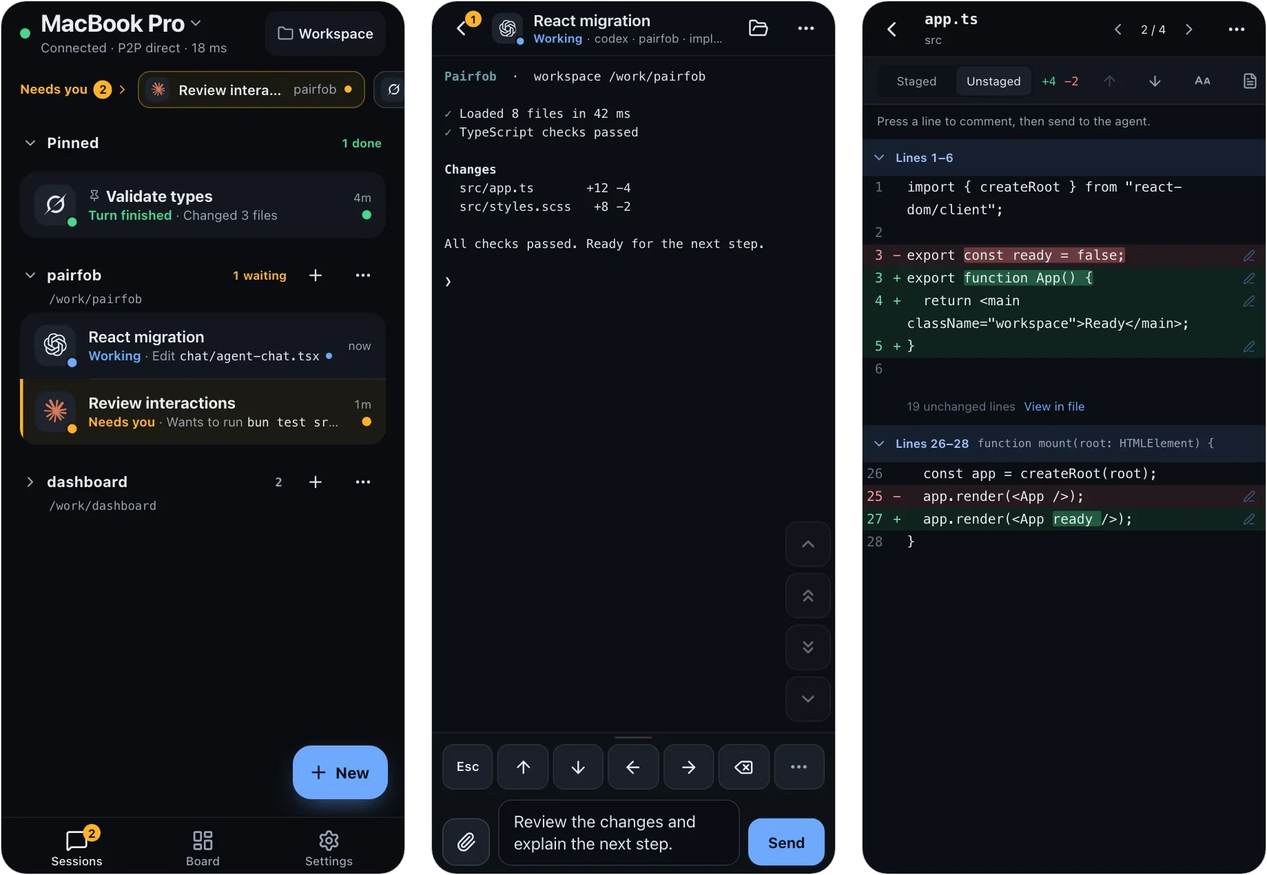 Pairfob on a phone: the session list, a live session, and a diff review