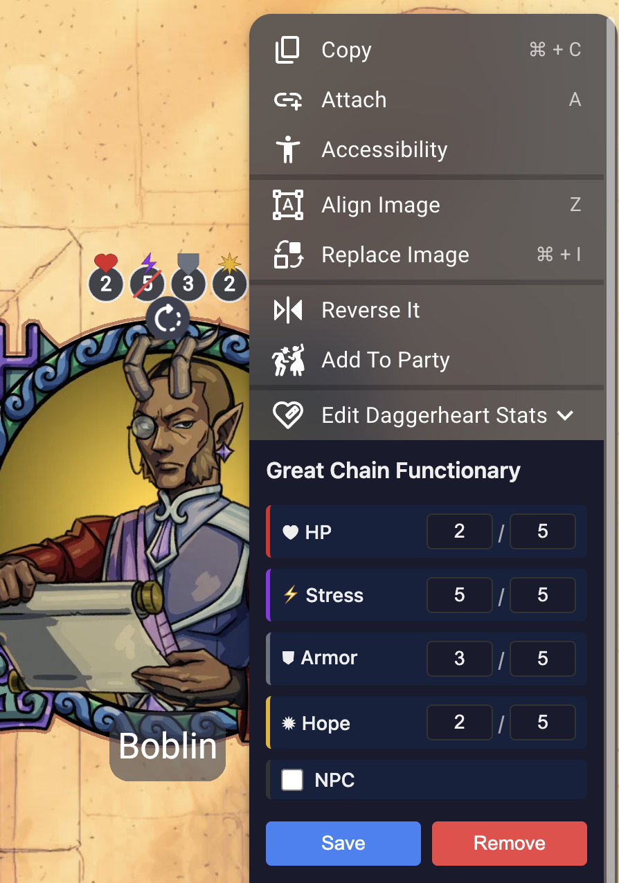 Right-click context menu and stat editor popover