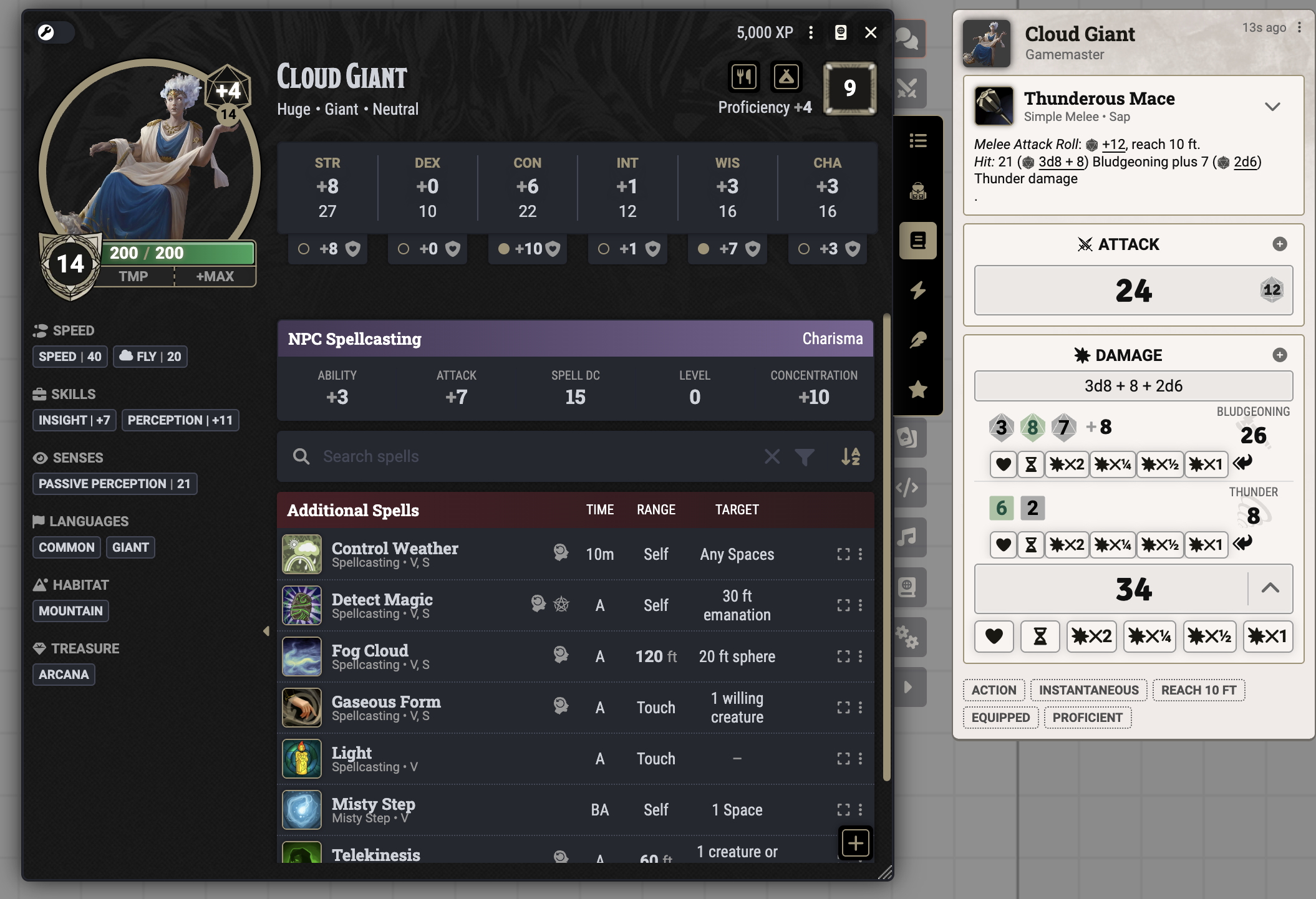 NPC sheet alongside an RSReforged quick-roll chat card showing an attack, damage by type, and per-damage apply buttons