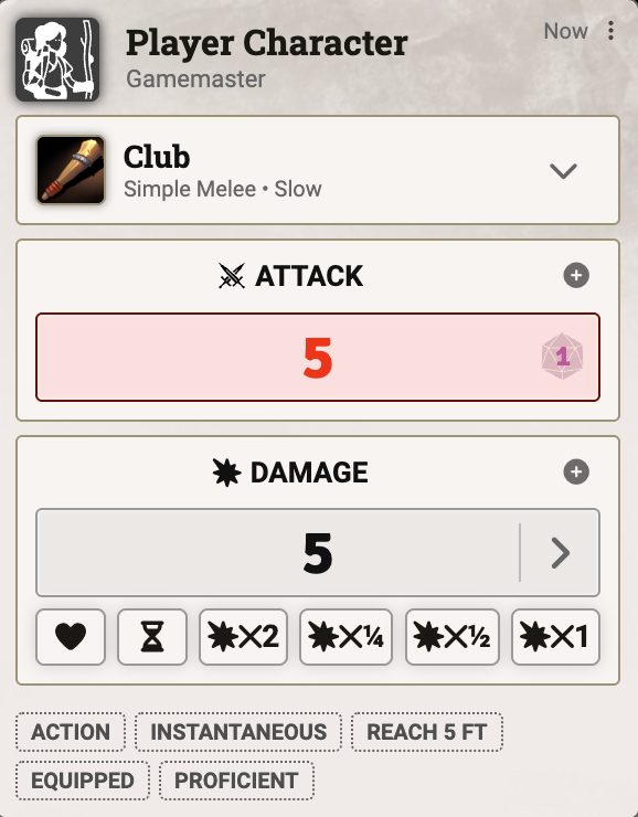 Player-character quick-roll chat card with a natural 1 on the attack die