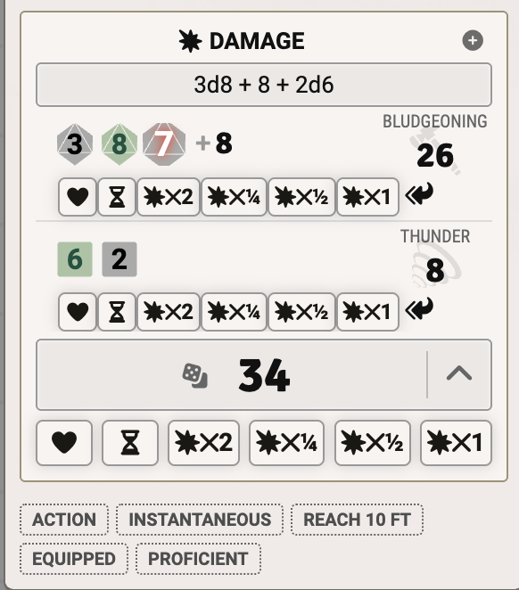 Close-up of damage rolls split by type with independent apply buttons