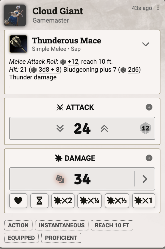 Collapsed quick-roll chat card showing attack and damage rolled in one go