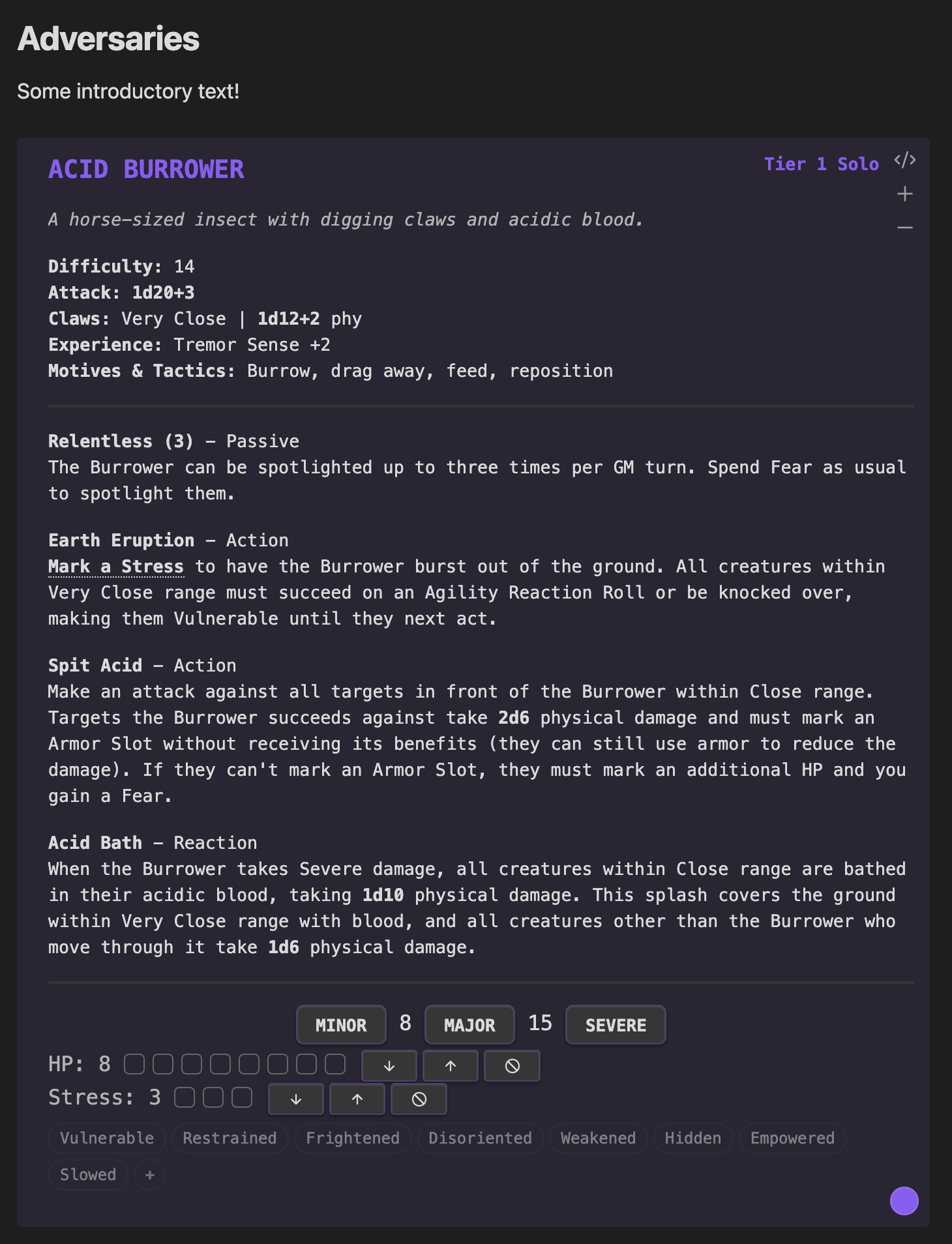 Arrowed's Adversary Bank: a rendered Daggerheart stat block embedded in an Obsidian note