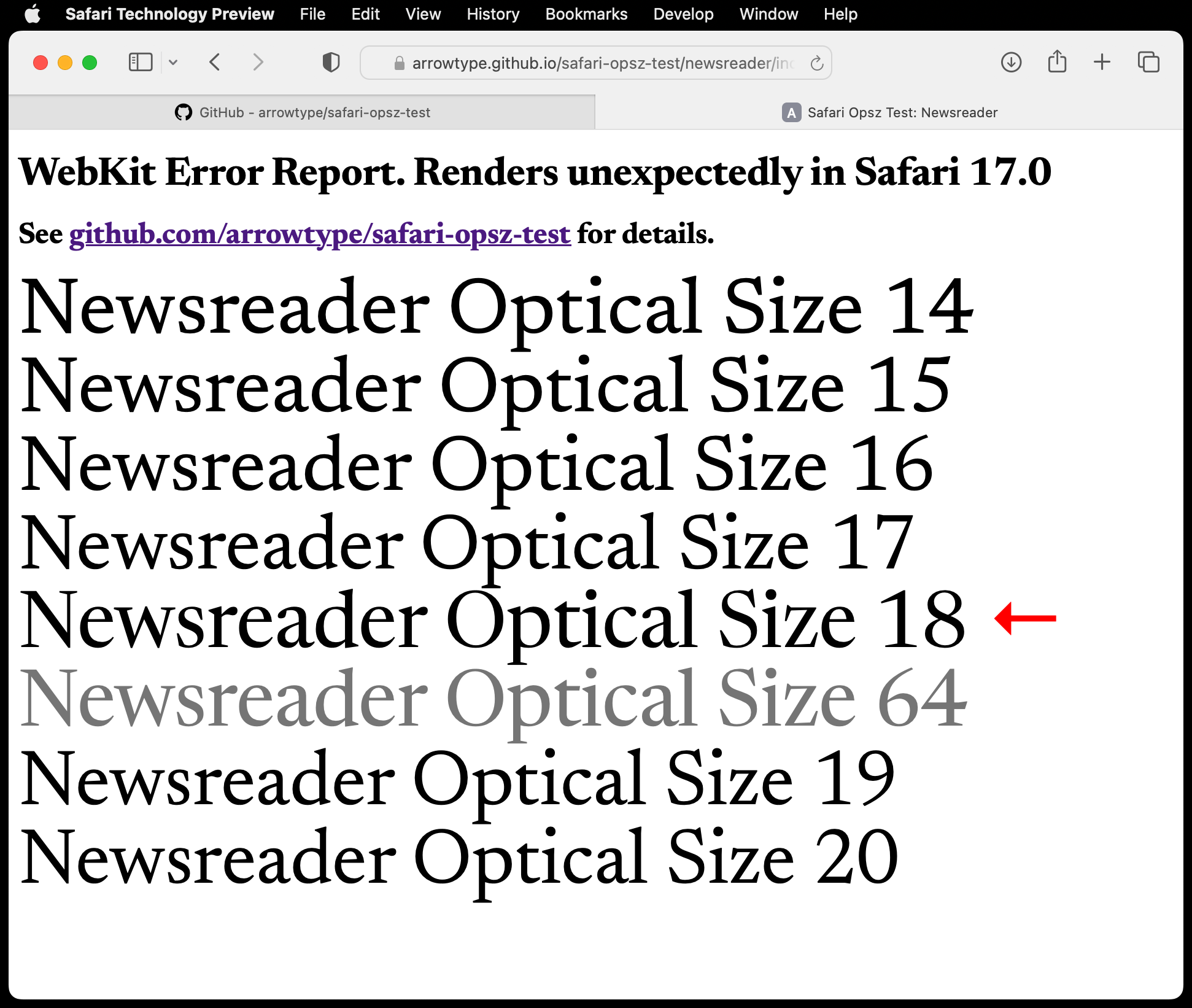 Safari Optical Size issue, Newsreader