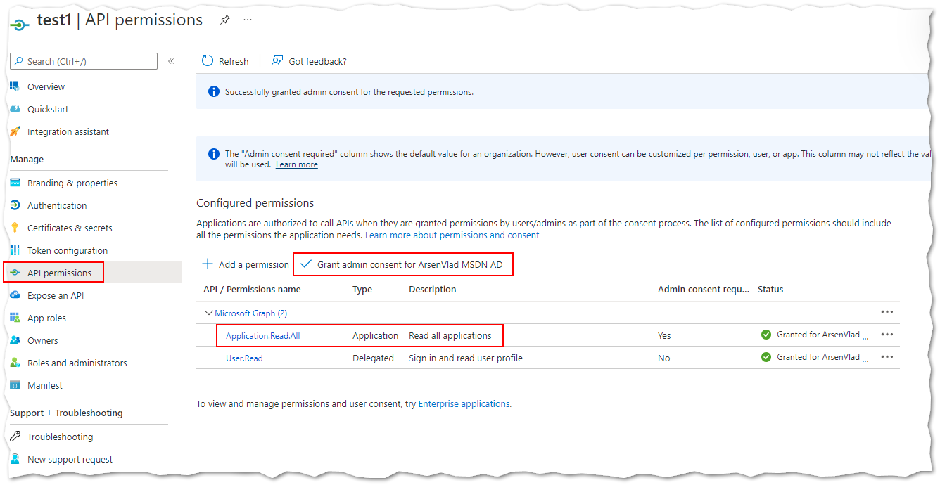 Application registration API permissions - Application.Read.All