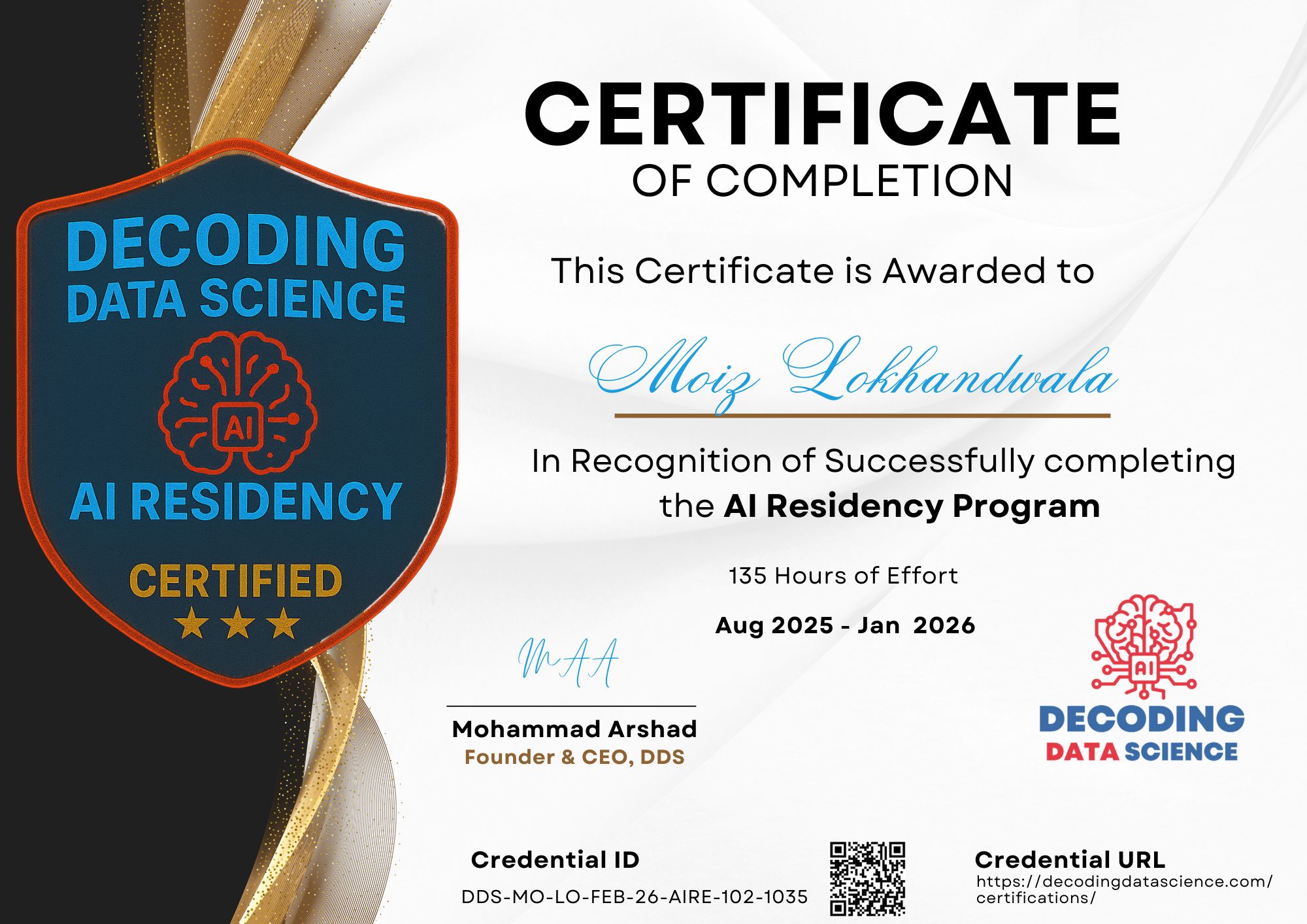 AI Residency Program certificate of completion by Decoding Data Science — 135 hours of effort
