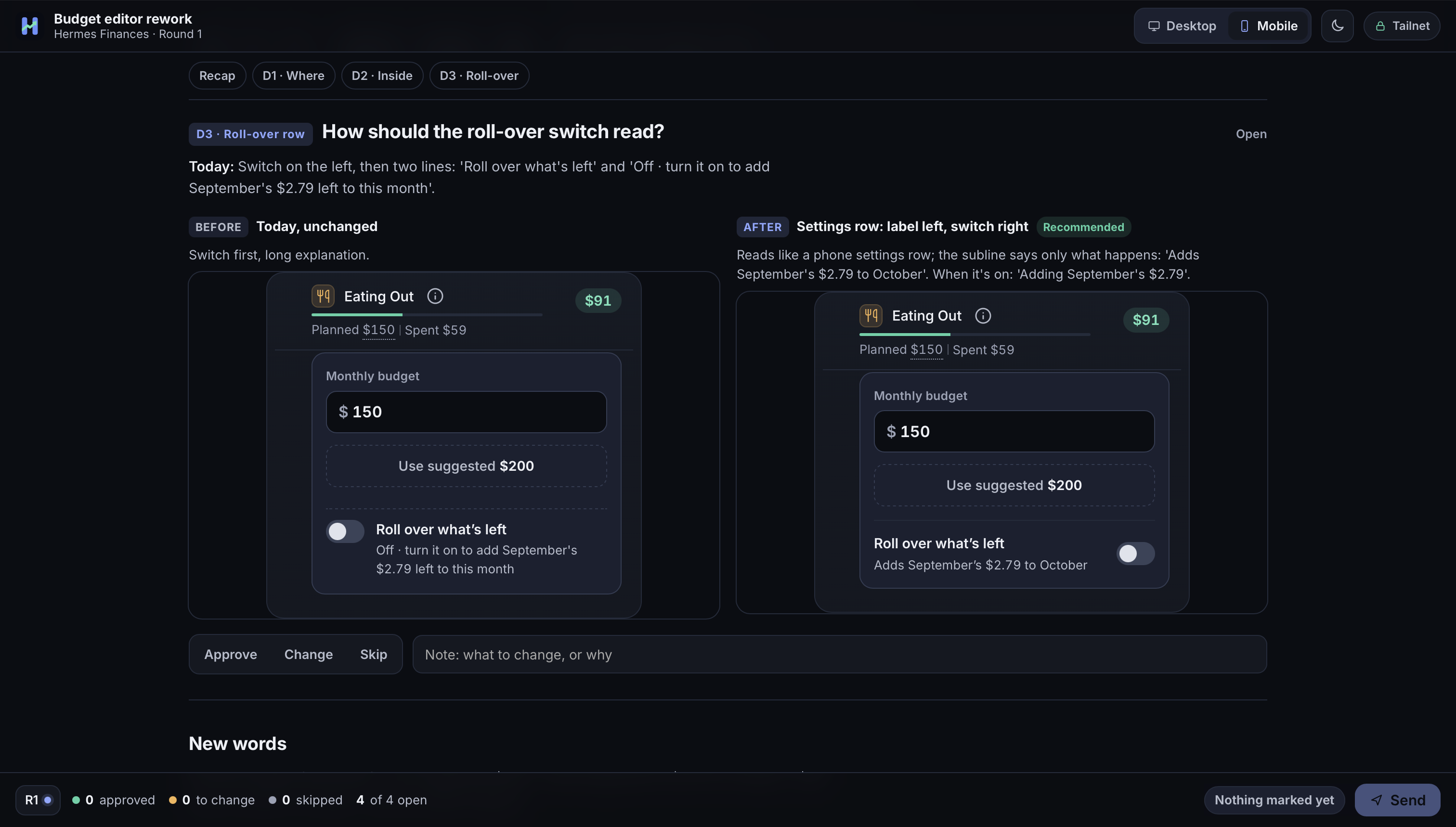 A review board: one decision with a before and after option, marked from the footer