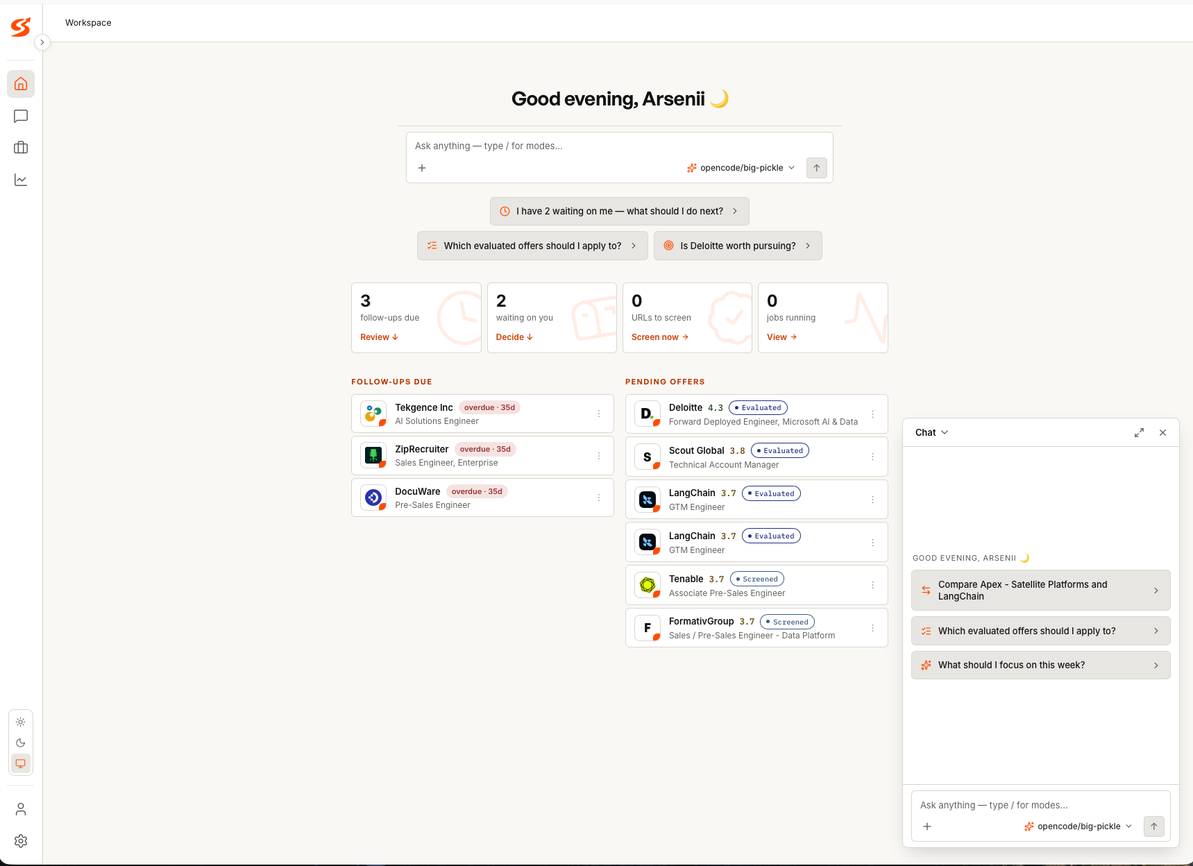sur9e Home — agenda cards, follow-ups due, pending offers, and the chat bubble