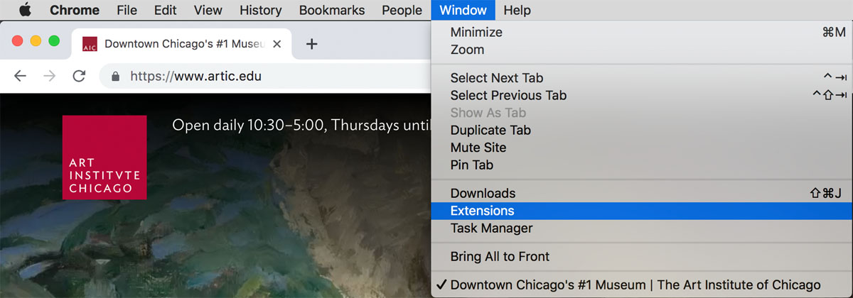 Screenshot of Chrome Windows menu with Extensions highlighted