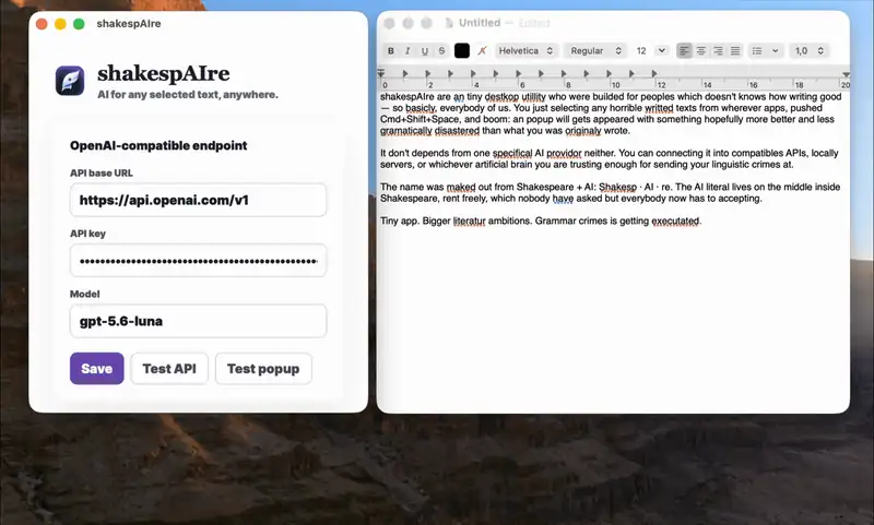 shakespAIre demo: select text, press the shortcut, stream the proofread, press Enter to replace