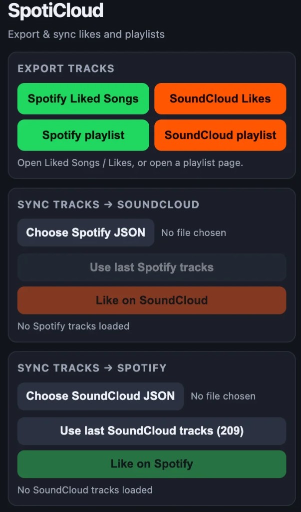 SpotiCloud Sync extension popup — export and sync likes between Spotify and SoundCloud