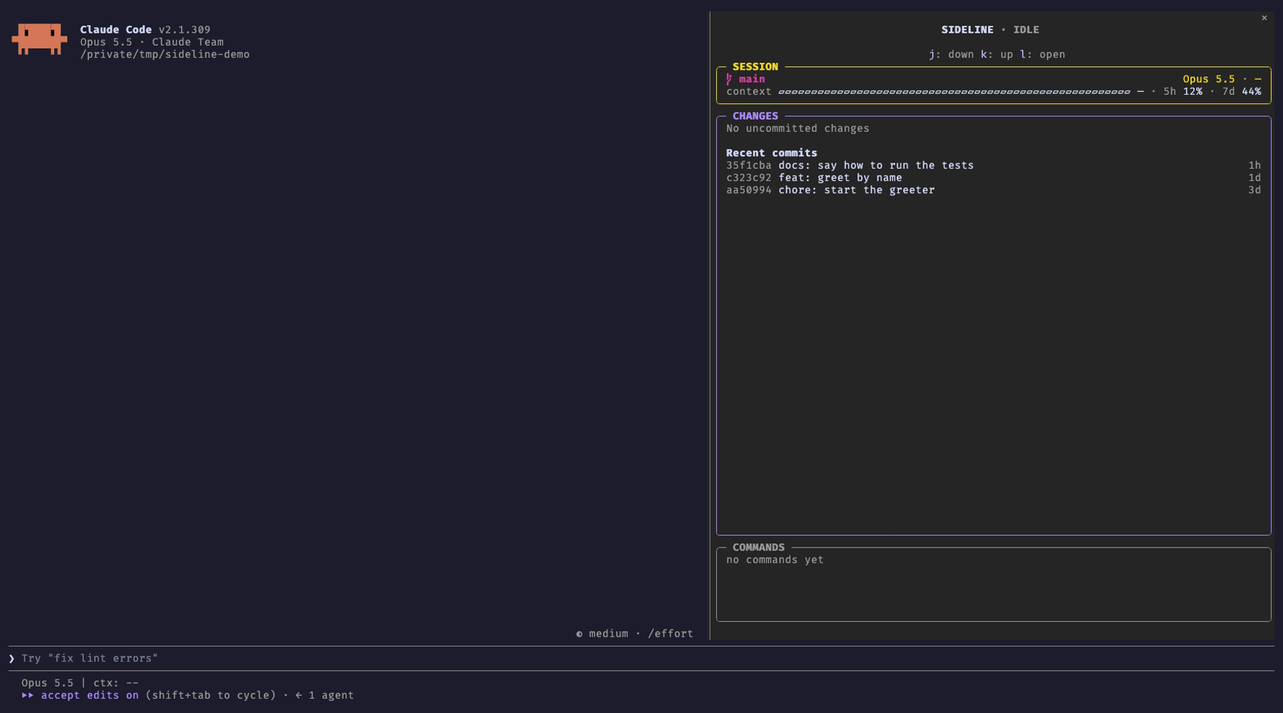 sideline beside a Claude Code session: the edited file shimmers in the changes tree, the test command runs in the commands box, and the transcript stays tidy