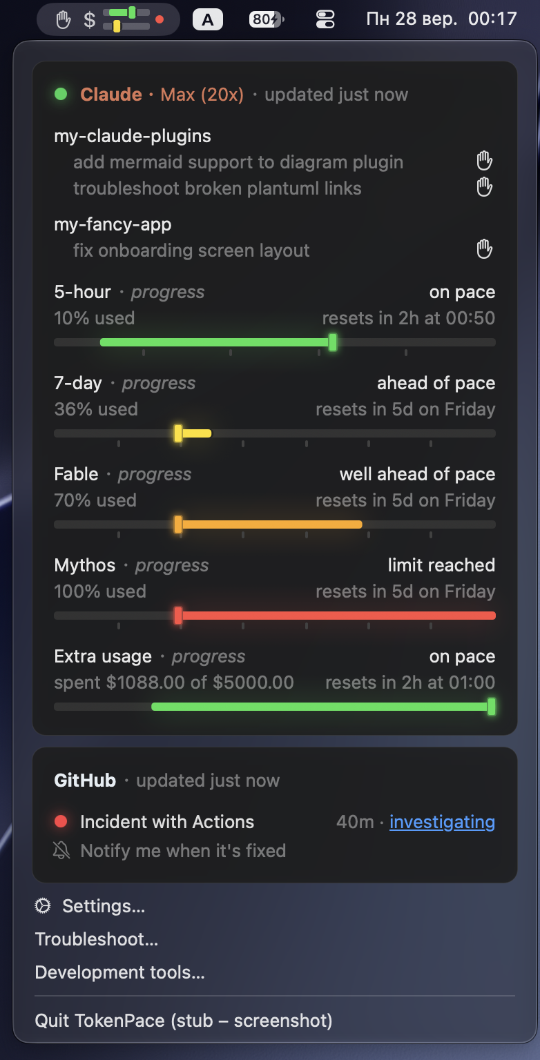 The same dropdown with ⌥ Option held: the plan label and data age beside the brand title, the awaiting sessions listed per project, each limit naming its bar style and spelling out “resets in” with exact amounts, the incident behind the red Actions row, and the Settings, Troubleshoot and Development tools items