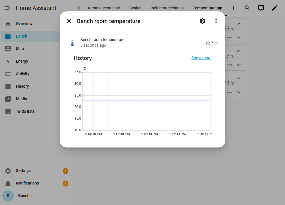 the sensor history, opened by tapping the temperature on the card