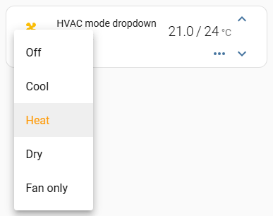 the HVAC mode dropdown open under the name, with the fan toggle still on the card