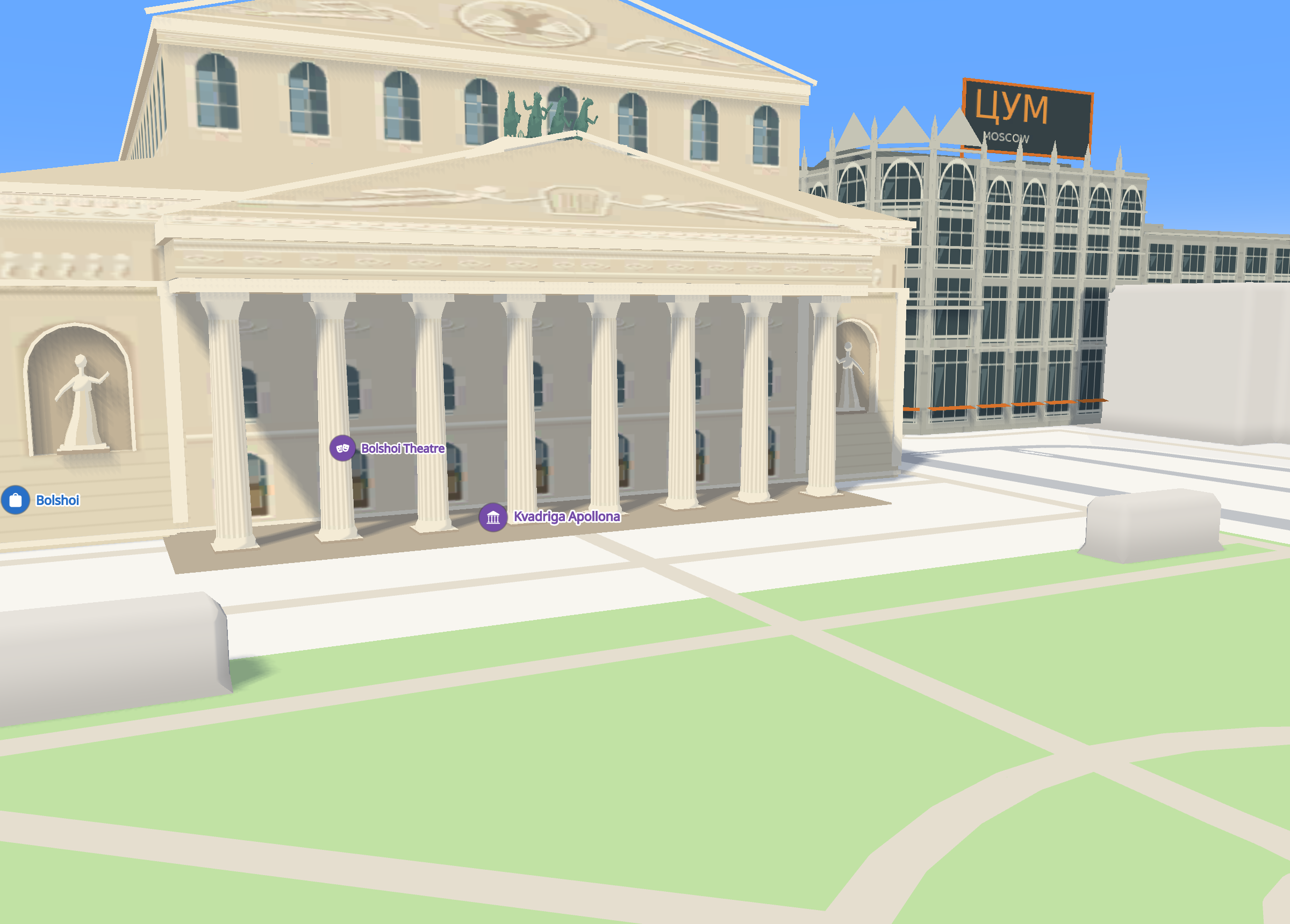 The Bolshoi Theatre at street level, a 3D model standing in for the building