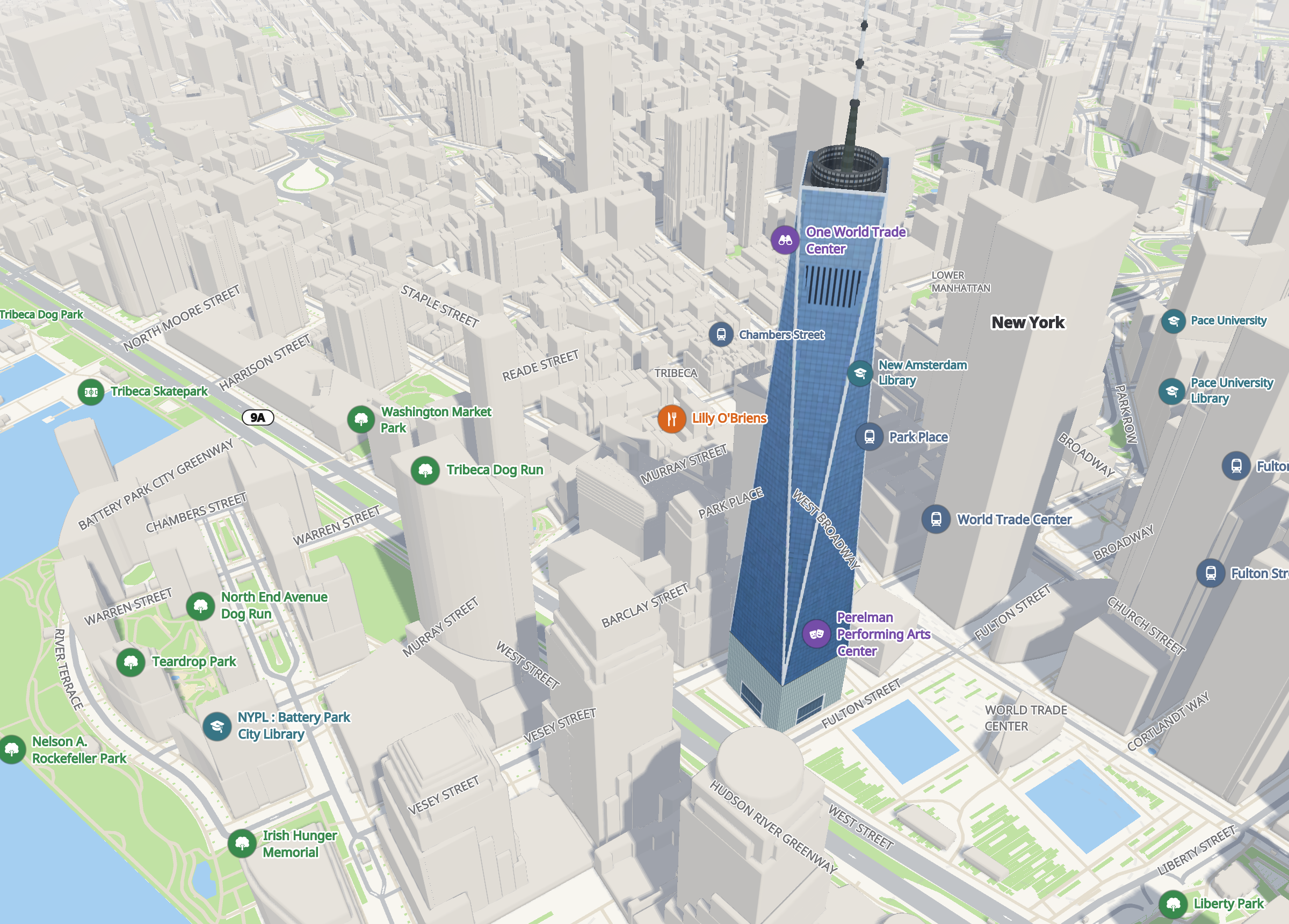 Lower Manhattan with extruded buildings, shadows and street names