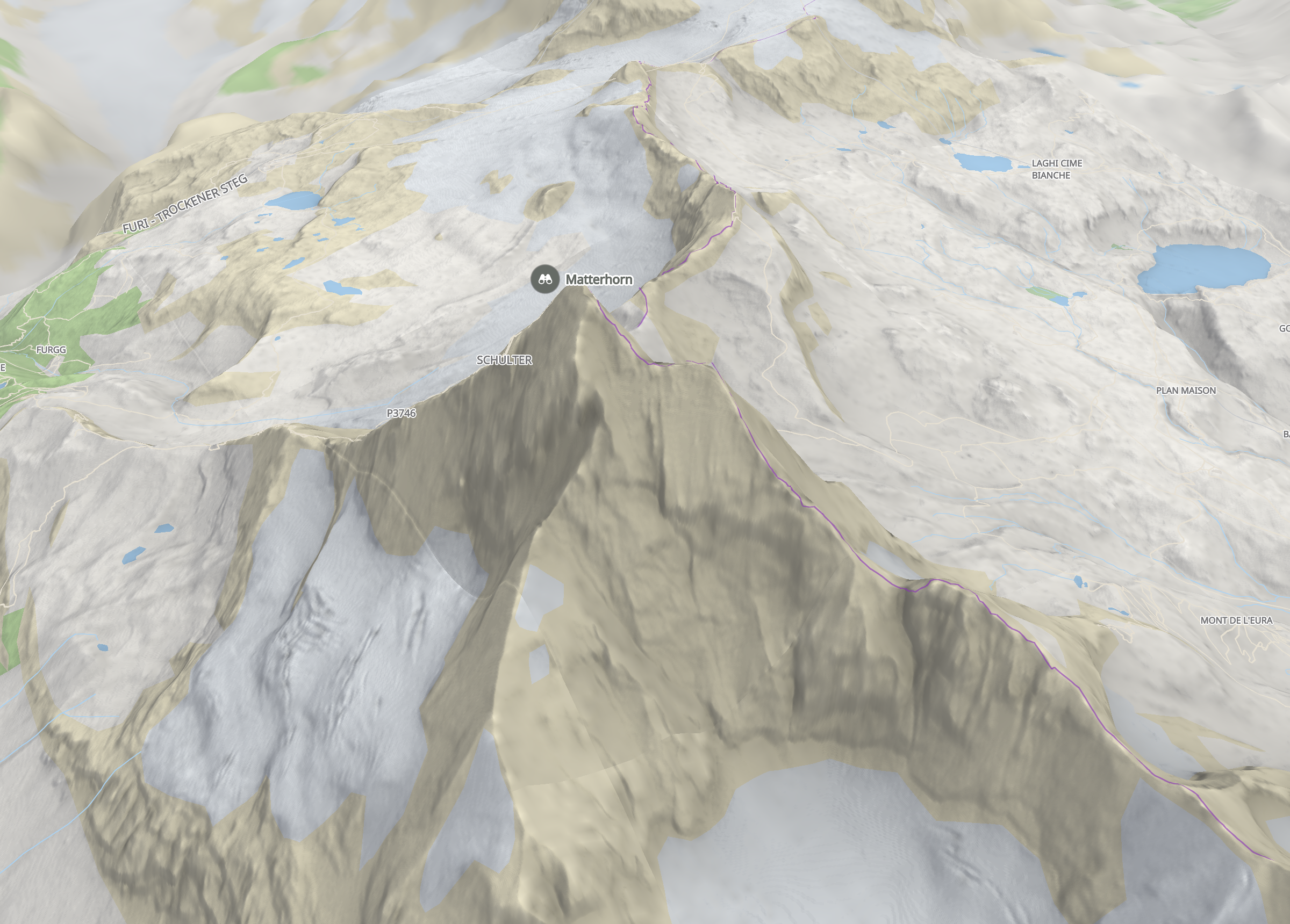 The Matterhorn's summit on the terrain relief, with the hillshade and the mountain shadows