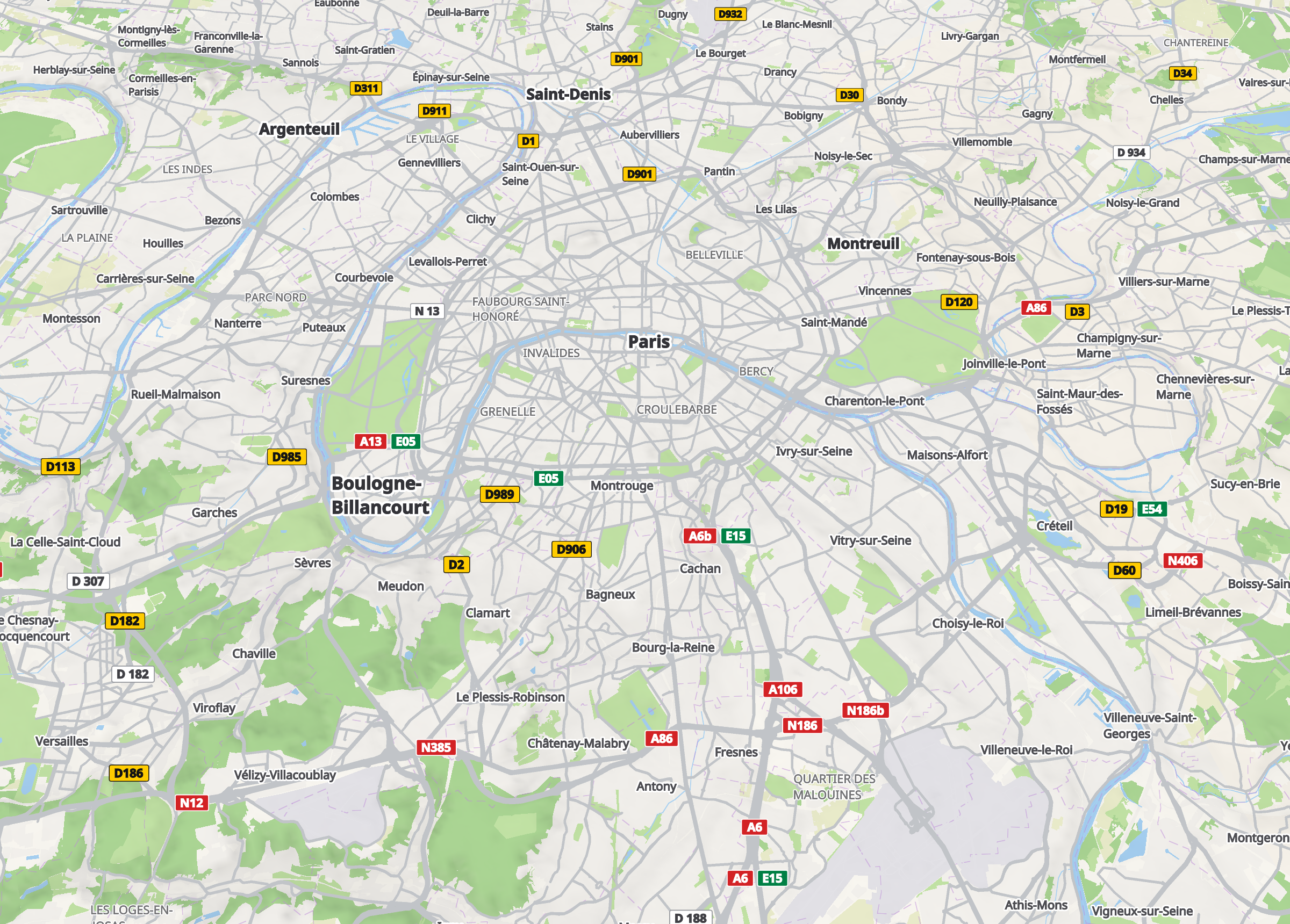 Paris and its suburbs on the relief, with the route shields