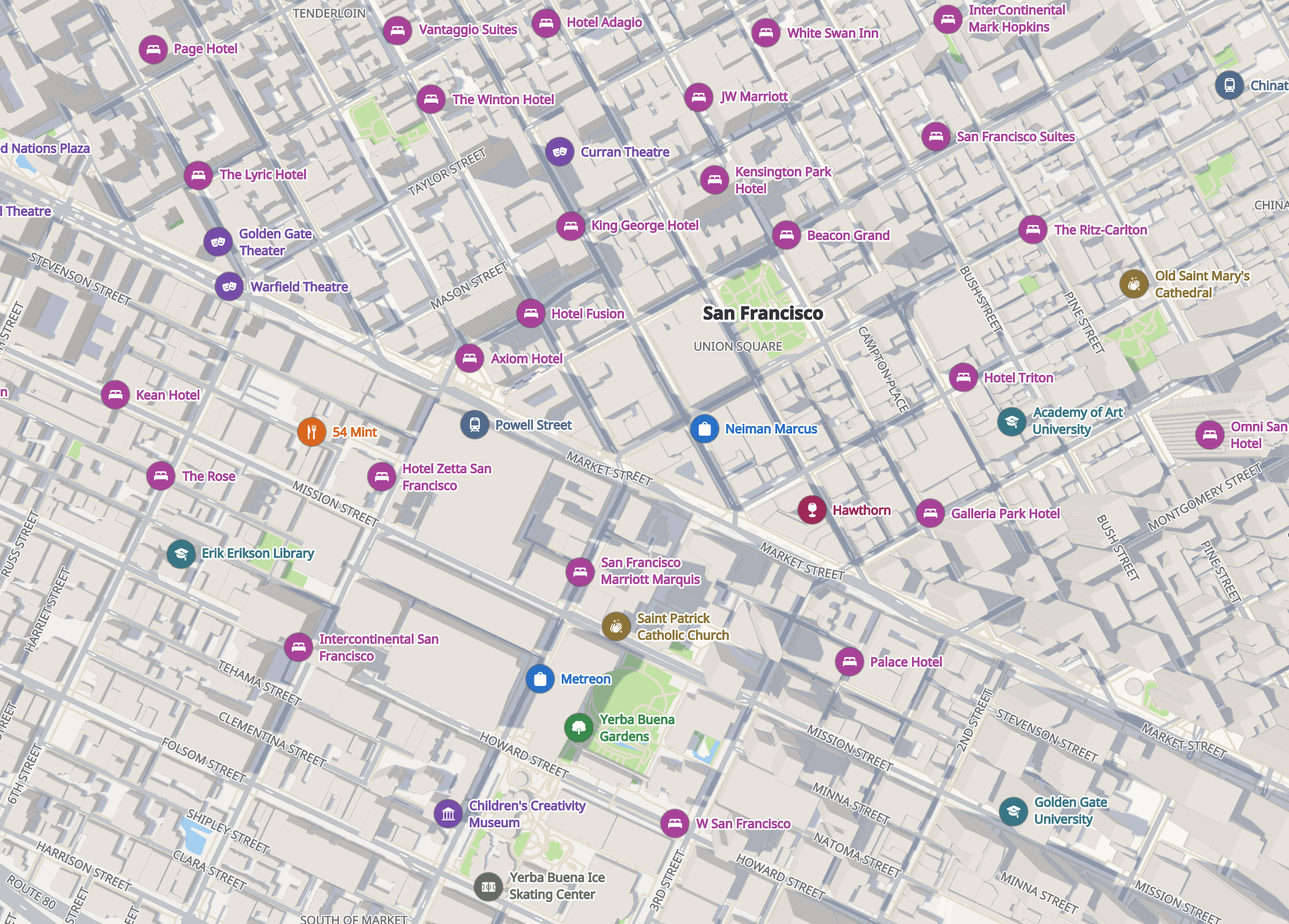 Downtown San Francisco from above, with the points of interest