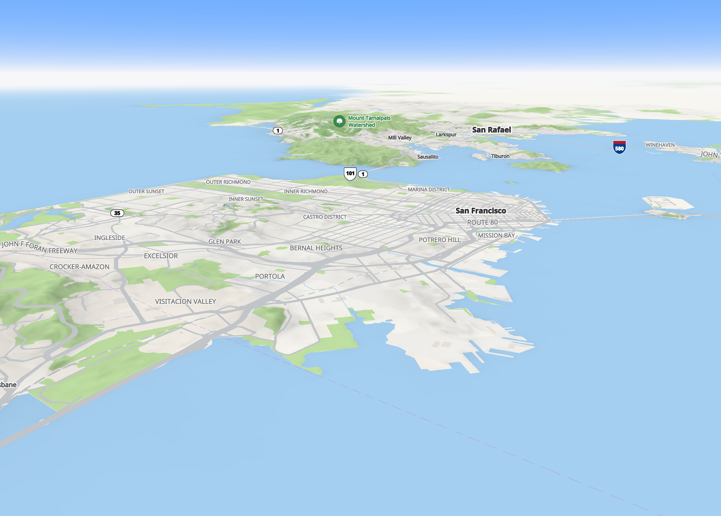San Francisco's hills on the relief, toward the bay
