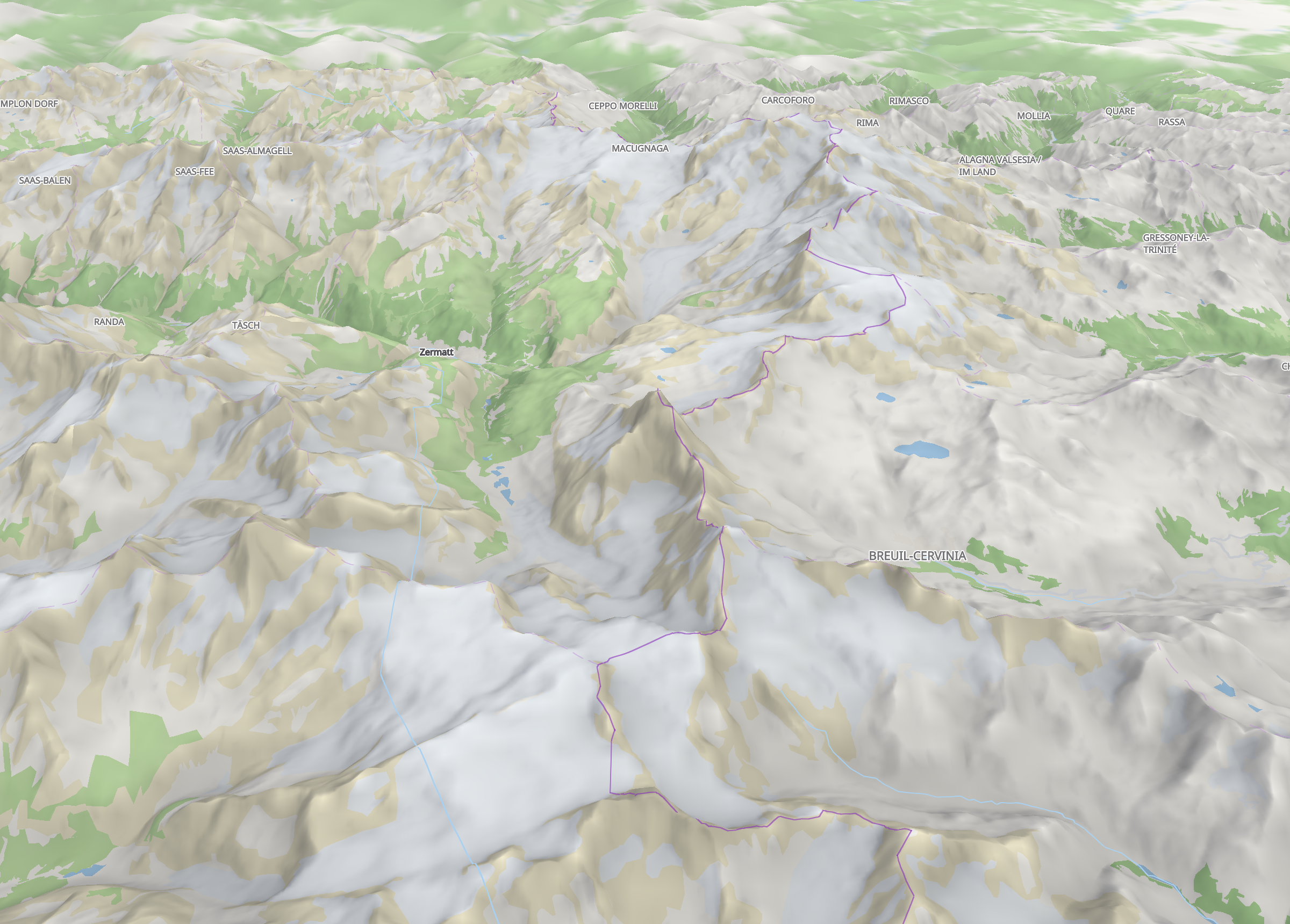 The valley of Zermatt from above, the relief under the land cover and the mountain air