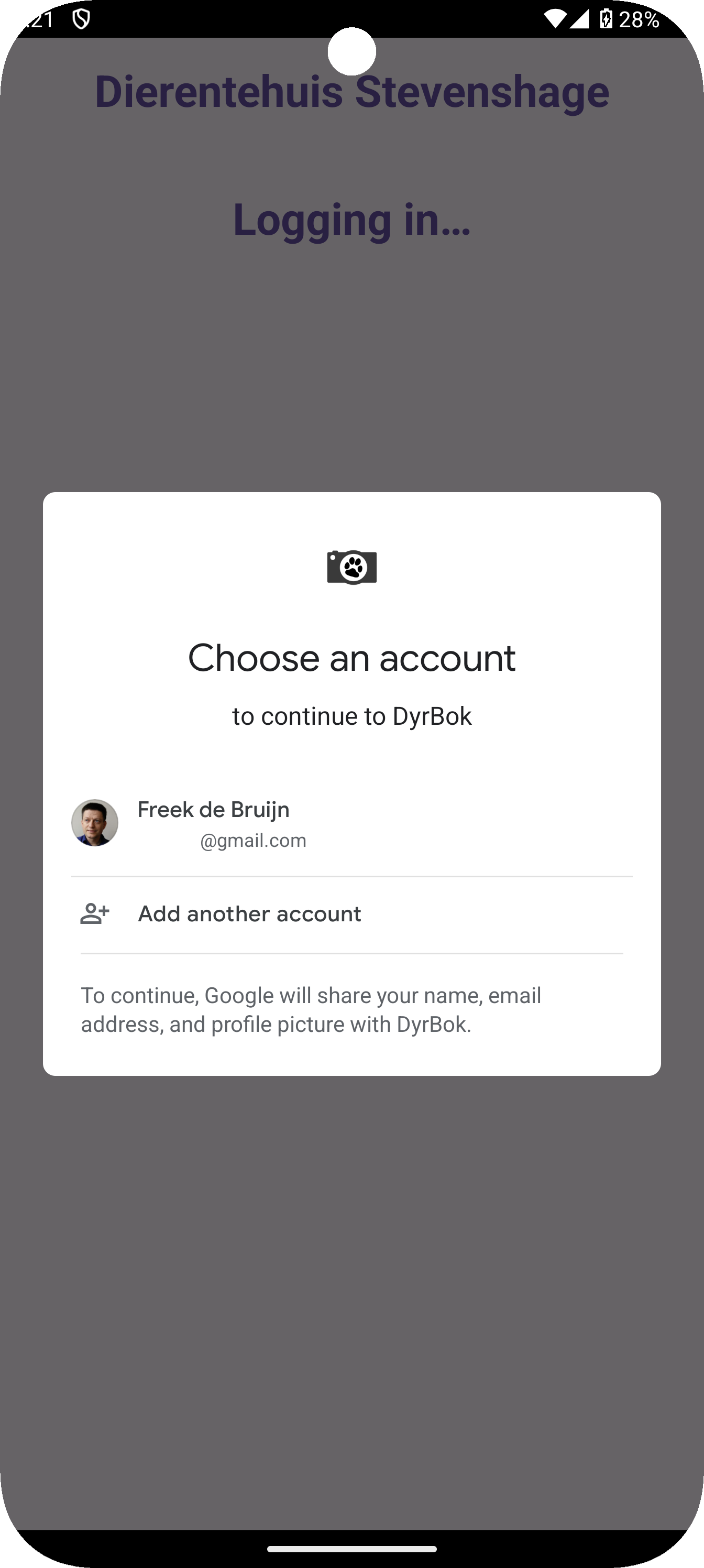 DyrBok login - select Google account.