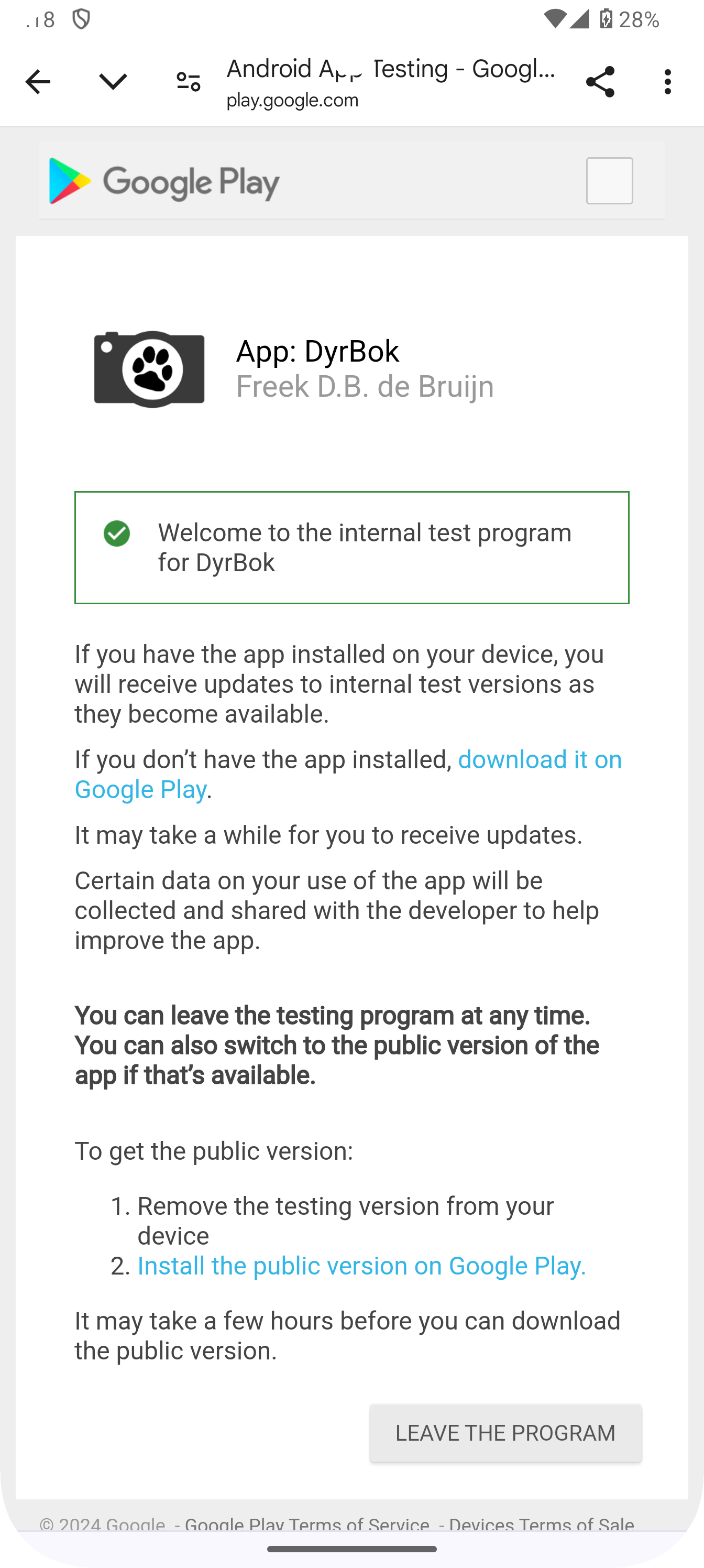 Internal test - Google Play tap download.