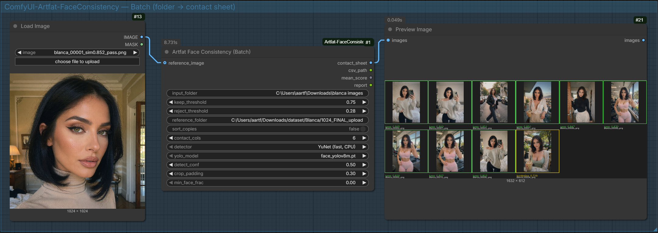 Batch curation — folder scored against a reference, laid out as a labelled contact sheet